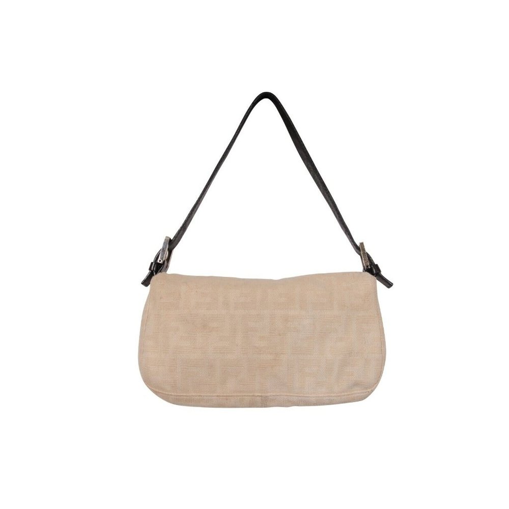 Fendi FF Logo Vintage Zucca Baguette Flap Shoulder Bag Tan Brown Leather Strap - Picture 2 of 16